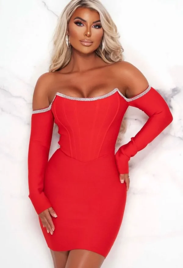 FP u0026 CO Diva Style Red Diamante Trim Corset Bandage Dress<Women Bandage