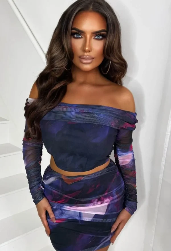 Naa Naa Don'T Mesh Around Purple Long Sleeve Marble Mini Skirt Stretch Mesh Co-Ord Set<Women Co-Ords