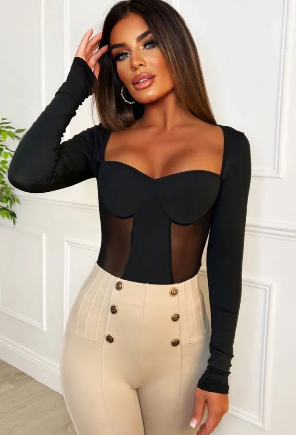 CHERRY KOKO Don'T Tempt Me Black Mesh Panel Bodysuit<Women Bodysuits