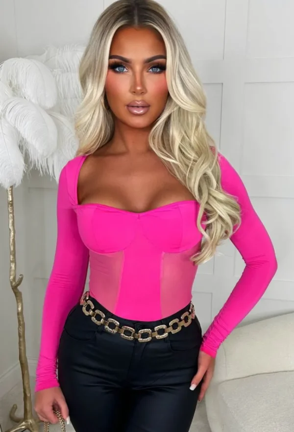 CHERRY KOKO Don'T Tempt Me Hot Pink Ultra Stretch Mesh Panel Bodysuit<Women Bodysuits