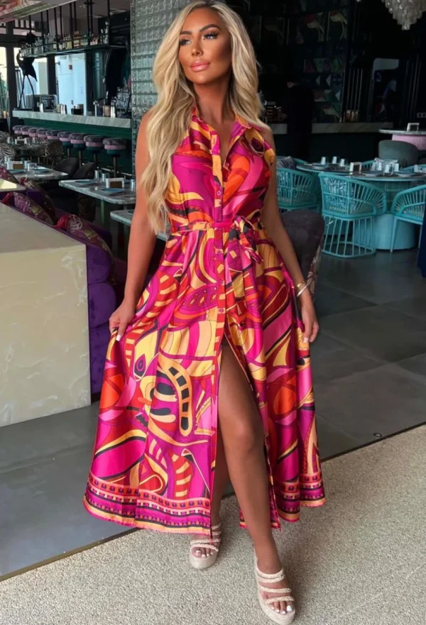 VJK Dubai Luxury Pink Satin Printed Maxi Dress<Women Dresses