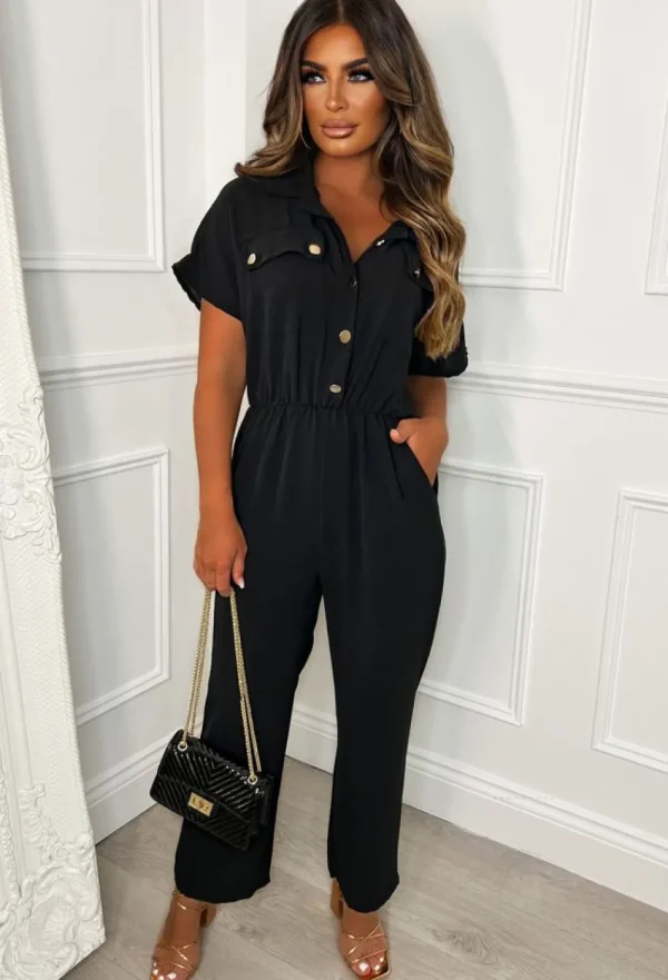 BE YOU Elegant Babes Black Button Detail Jumpsuit<Women Jumpsuits