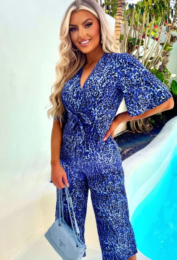 VJK Elegant Guest Blue Leopard Print Knot Front Jumpsuit<Women Jumpsuits