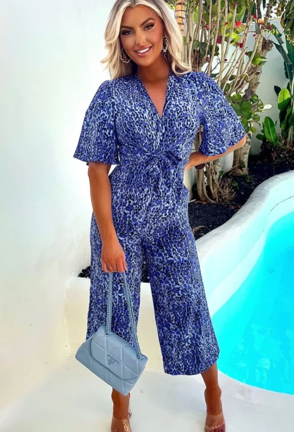 VJK Elegant Guest Blue Leopard Print Knot Front Jumpsuit<Women Jumpsuits