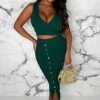 MOOCCI Elegant Lover Green Wrap Top Button Midi Skirt Knitted Co-Ord Set<Women Knitwear