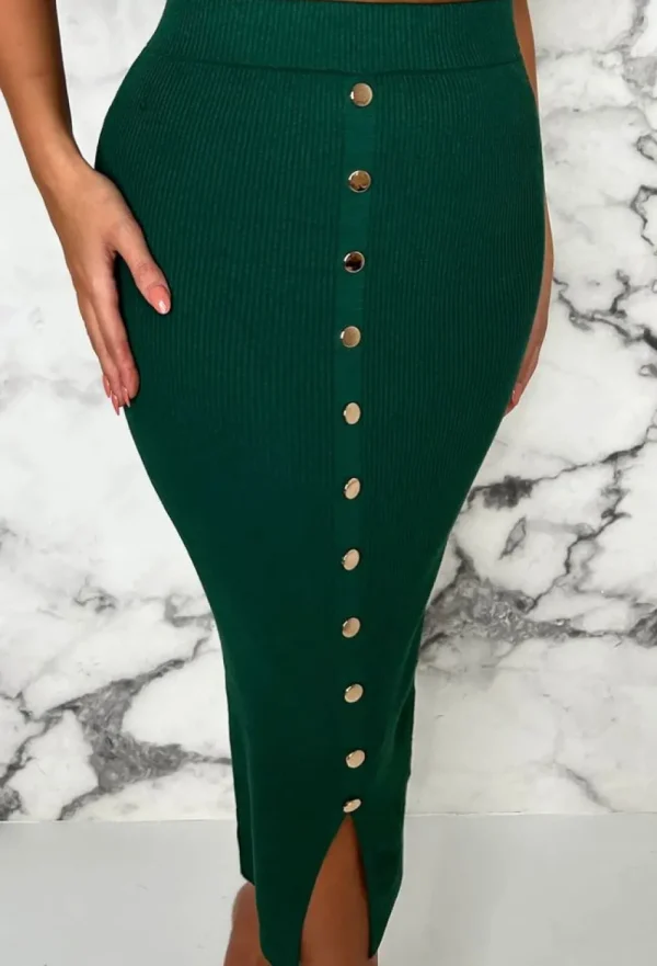 MOOCCI Elegant Lover Green Wrap Top Button Midi Skirt Knitted Co-Ord Set<Women Knitwear