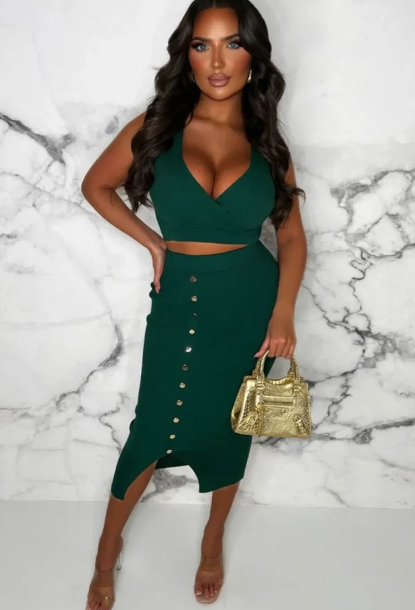 MOOCCI Elegant Lover Green Wrap Top Button Midi Skirt Knitted Co-Ord Set<Women Knitwear