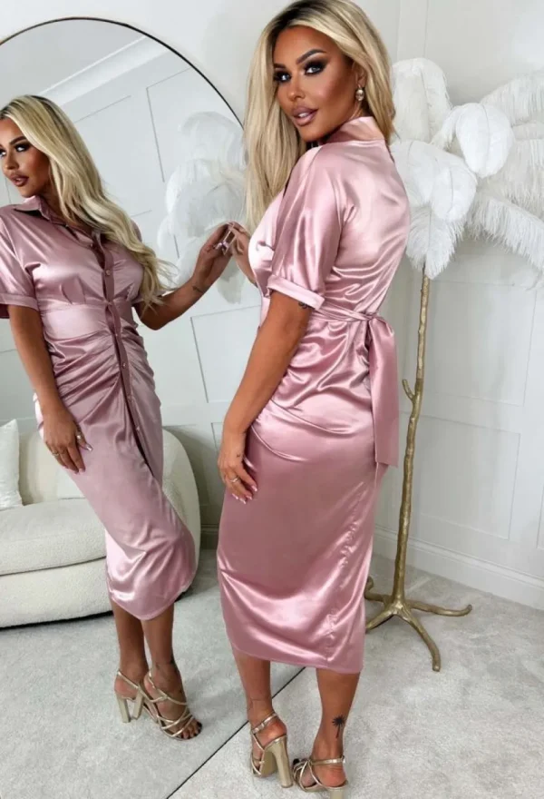 Z2 Elegant Luxury Blush Pink Stretch Satin Button Ruched Midi Dress<Women Dresses