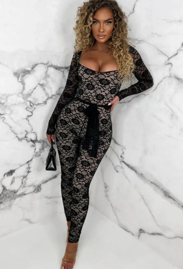 SOFT TOUCH Enchanting Elegance Black Fitted Belted Lined Lace Jumpsuit<Women Jumpsuits