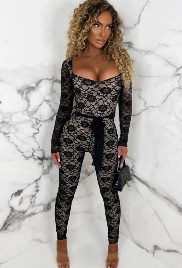 SOFT TOUCH Enchanting Elegance Black Fitted Belted Lined Lace Jumpsuit<Women Jumpsuits