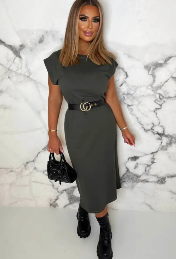 BE YOU Essential To Me Khaki Soft Touch Stretch Jersey Midi Dress<Women Dresses