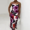 VJK Eternal Beauty Purple Printed Ruched Side Split Cami Midi Dress<Women Dresses