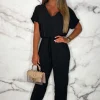 BE YOU Everyday Elegance Black Elasticated Hem Belted Jumpsuit<Women Jumpsuits