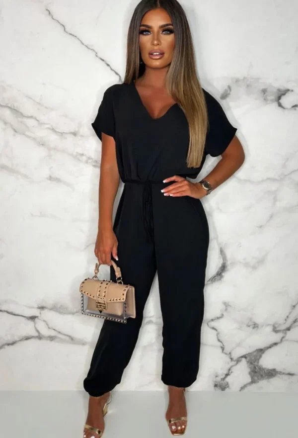 BE YOU Everyday Elegance Black Elasticated Hem Belted Jumpsuit<Women Jumpsuits