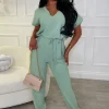 BE YOU Everyday Elegance Green Elasticated Hem Belted Jumpsuit<Women Jumpsuits