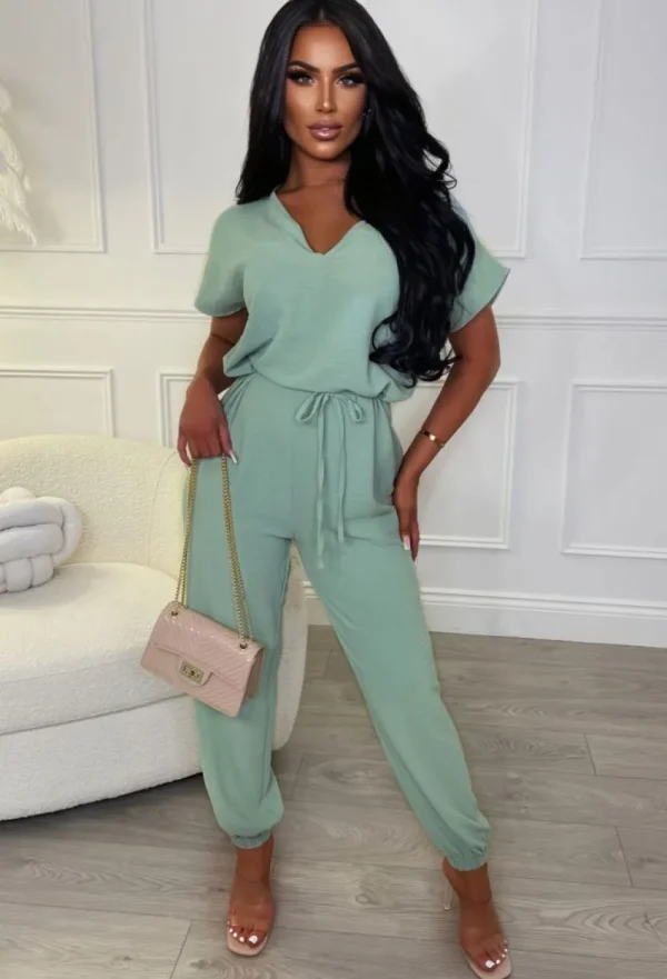 BE YOU Everyday Elegance Green Elasticated Hem Belted Jumpsuit<Women Jumpsuits