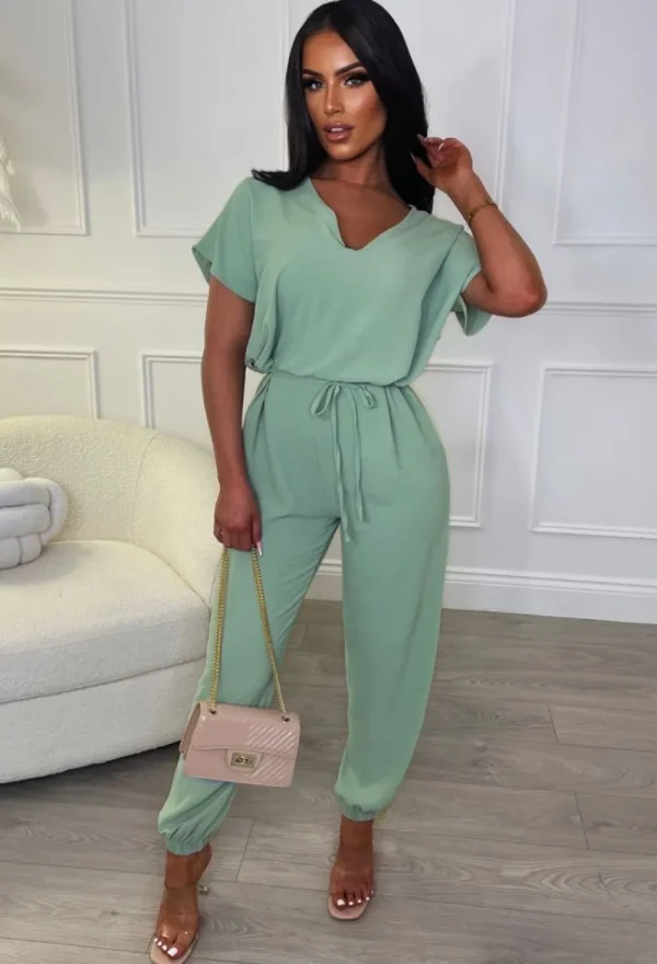 BE YOU Everyday Elegance Green Elasticated Hem Belted Jumpsuit<Women Jumpsuits