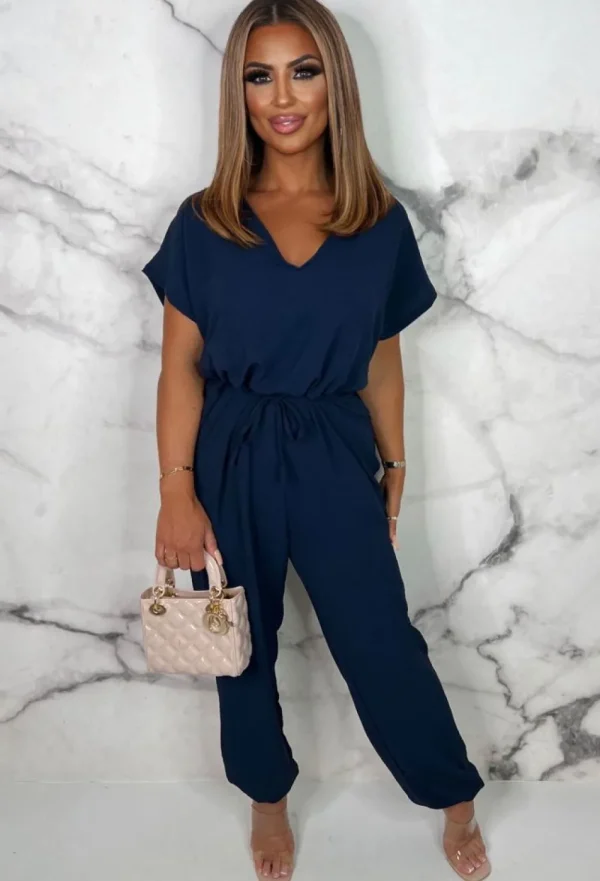 BE YOU Everyday Elegance Navy Elasticated Hem Belted Jumpsuit<Women Jumpsuits