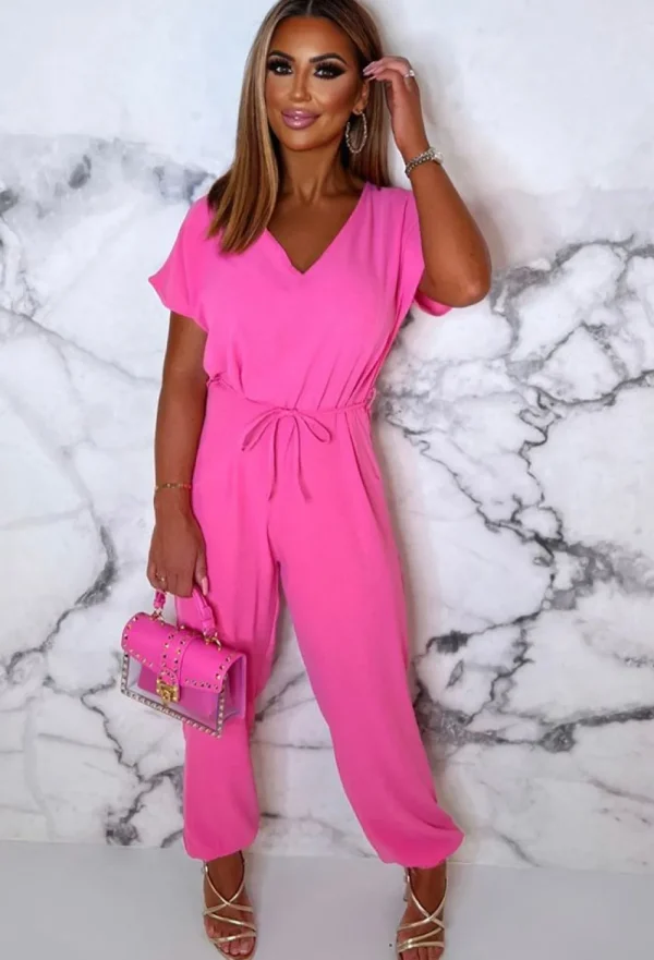 BE YOU Everyday Elegance Pink Elasticated Hem Belted Jumpsuit<Women Jumpsuits