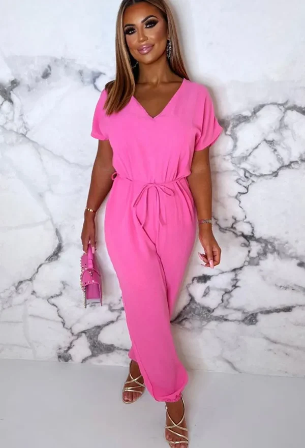 BE YOU Everyday Elegance Pink Elasticated Hem Belted Jumpsuit<Women Jumpsuits