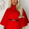 J5 FASHION Exclusive Escape Red Belted Cape Jacket<Women Coats And Jackets