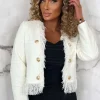 JUSDEPOM u0026 CO (SEE MOD) Exclusively Chic Cream Tweed Collarless Tassel Cropped Jacket<Women Coats And Jackets