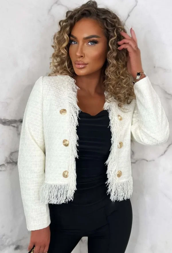 JUSDEPOM u0026 CO (SEE MOD) Exclusively Chic Cream Tweed Collarless Tassel Cropped Jacket<Women Coats And Jackets