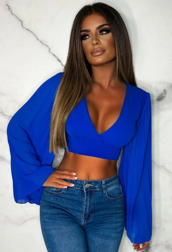 J5 FASHION Faded Love Cobalt Plisse Sleeve Top<Women Crop Tops & Bralets