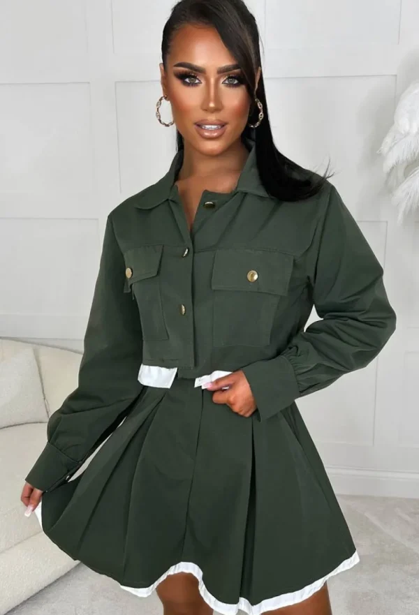 INSTA GIRL Fashionista Babe Khaki Cargo Pleated Skirt Co-Ord Set<Women Co-Ords