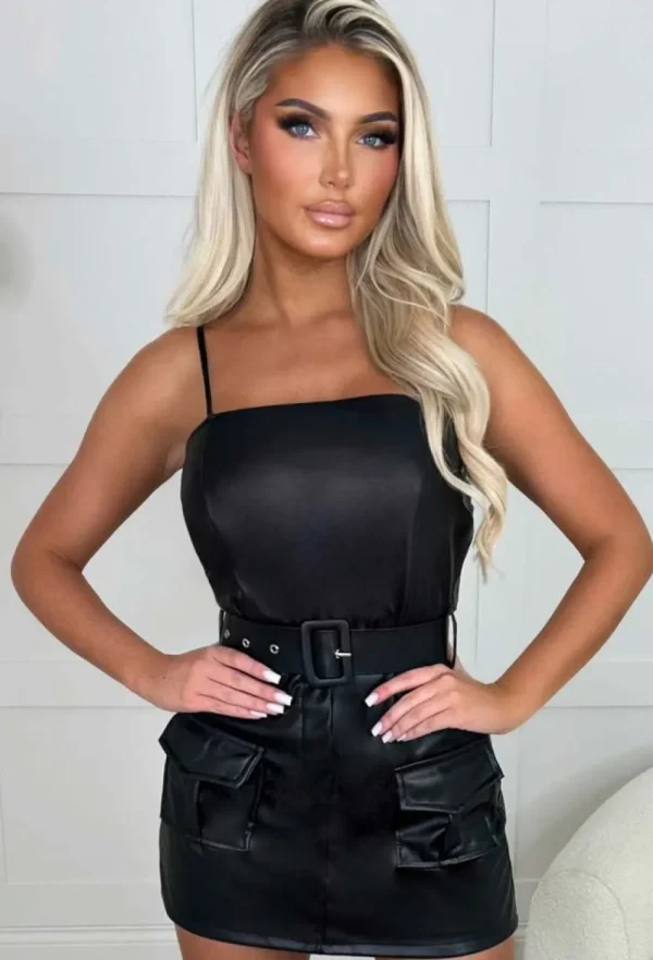 STYLEWISE Fashionista Fave Black Faux Leather Stretch Cargo Belted Skort Playsuit<Women Playsuits