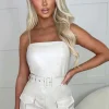 STYLEWISE Fashionista Fave Cream Faux Leather Stretch Cargo Belted Skort Playsuit<Women Playsuits