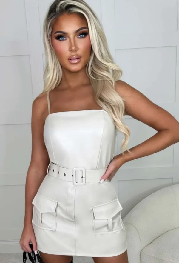 STYLEWISE Fashionista Fave Cream Faux Leather Stretch Cargo Belted Skort Playsuit<Women Playsuits