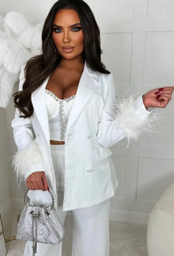 FP u0026 CO Feather Fantasy White Feather Cuff Double Breasted Blazer<Women Coats And Jackets