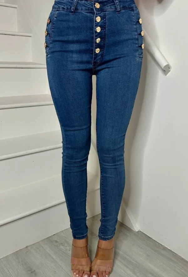 J5 FASHION Fierce & Fearless Mid Blue Button Front Skinny Jean<Women Jeans