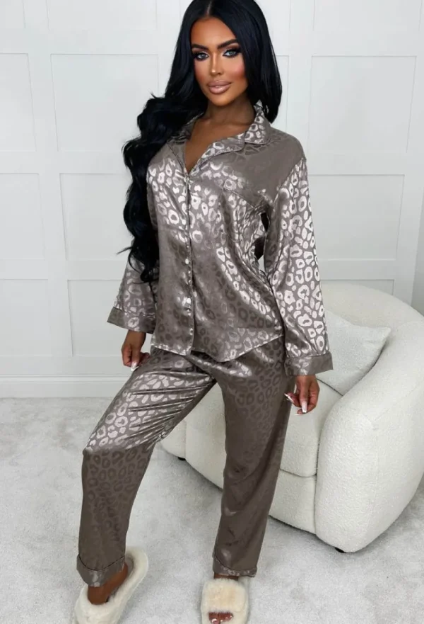 HNATALIE Fierce Romantic Taupe Leopard Print Satin Wide Leg Pyjama Set<Women Nightwear