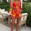 FP u0026 CO Fiery Skies Orange 3-Piece Swimsuit And Cover Up Co-Ord Set<Women Swimwear