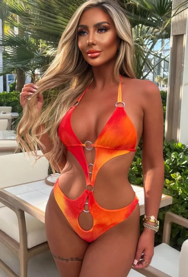 FP u0026 CO Fiery Skies Orange 3-Piece Swimsuit And Cover Up Co-Ord Set<Women Swimwear