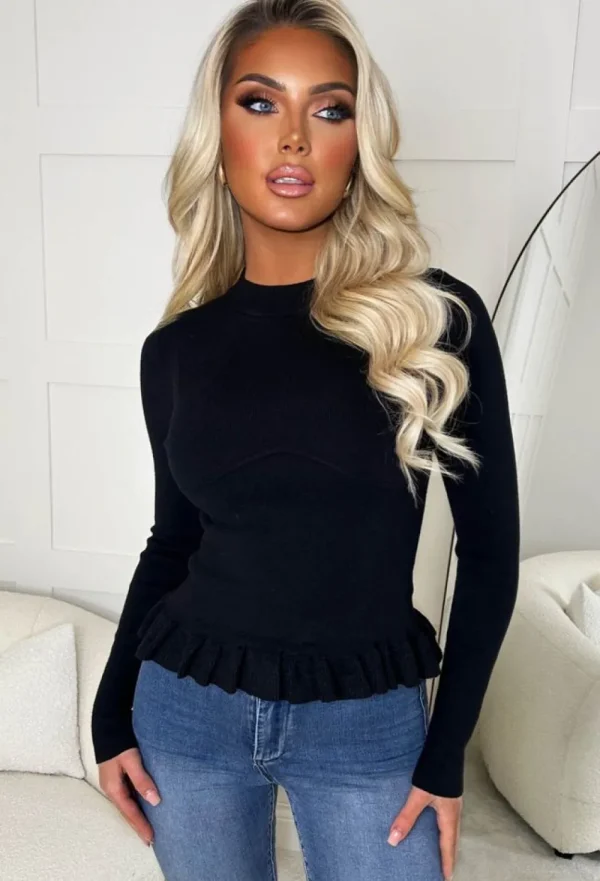 MOEWY Figure It Out Black Knitted Rib Enhancing Peplum Jumper<Women Tops