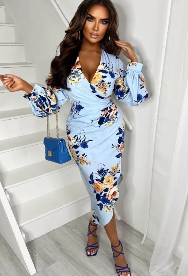 VJK Floral Fair Blue Floral Print Long Sleeve Midi Dress<Women Dresses