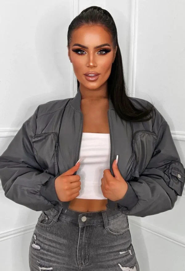 STYLEWISE Flying Fantasy Charcoal Grey Nylon Cropped Bomber Jacket<Women Coats And Jackets