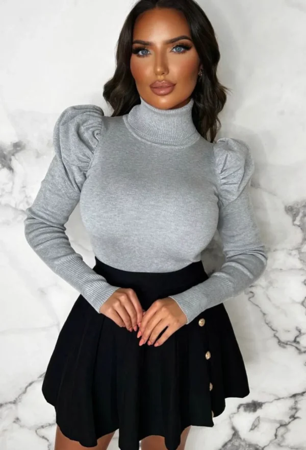 BE YOU Forever Cute Grey Roll Neck Puff Sleeve Jumper<Women Tops