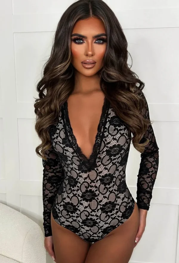 SOFT TOUCH Forever Feels Black Sheer Back Lace Plunge Bodysuit<Women Tops