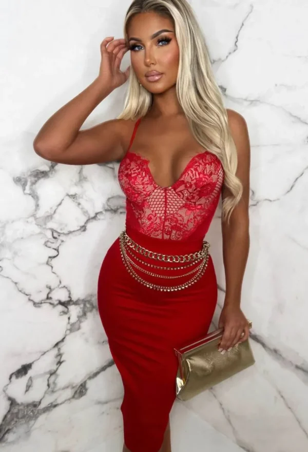 BABEZ Forever Flawless Red Lace Bodysuit<Women Tops