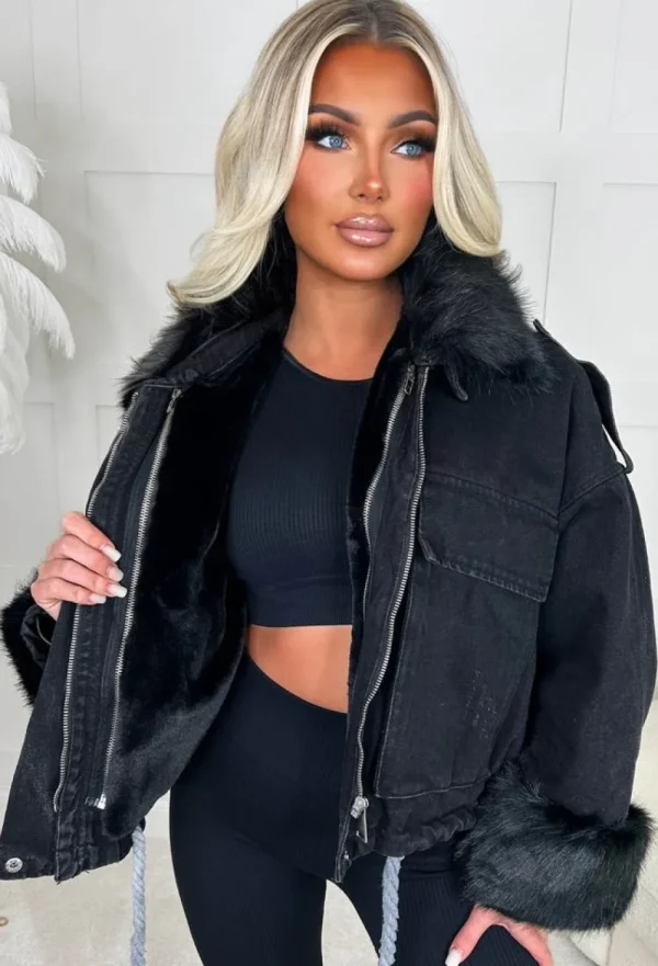 STYLEWISE Francesca Black Removable Faux Fur Trim Oversized Denim Jacket<Women Denim