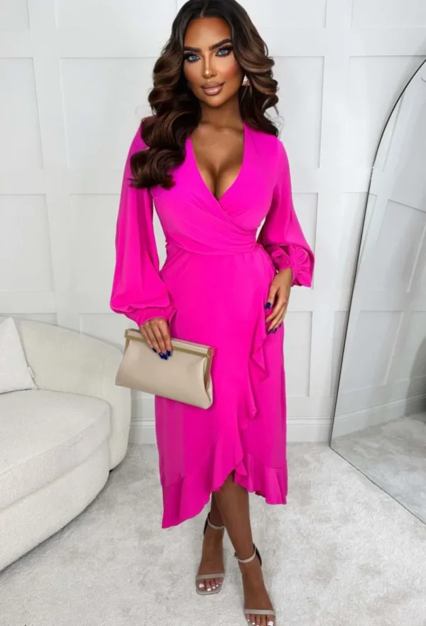 VJK Frill Of You Pink Long Sleeve Frilled Wrap Style Maxi Dress<Women Dresses