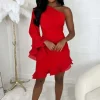 INSTA GIRL Frilled Senorita Red One Sleeve Ruched Frill Hem Mini Dress<Women Dresses