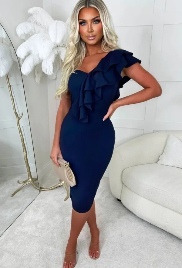 VJK Frilling Affair Navy Stretch One Shoulder Frill Midi Dress<Women Dresses