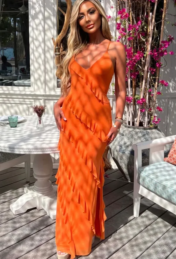 FP u0026 CO Frilling Temptation Orange Frilled Lace Up Back Cami Maxi Dress<Women Summer Dresses