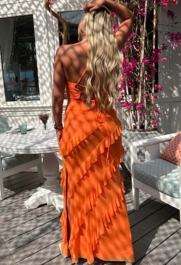 FP u0026 CO Frilling Temptation Orange Frilled Lace Up Back Cami Maxi Dress<Women Summer Dresses