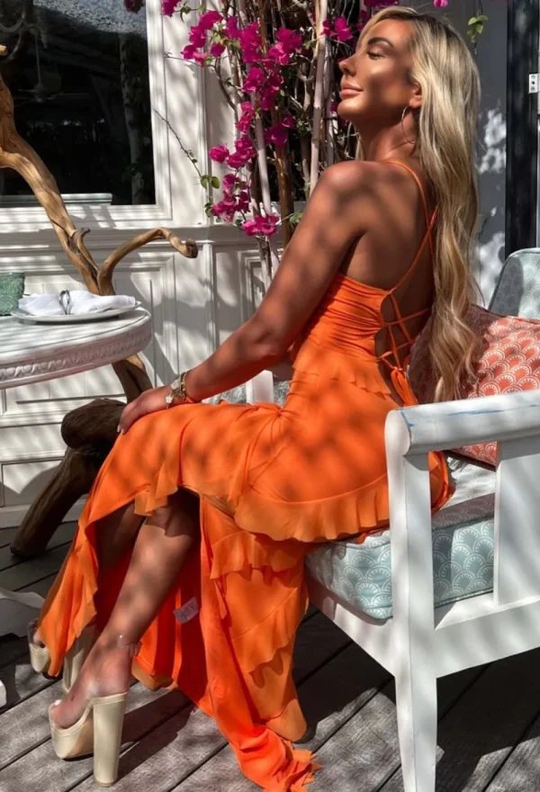 FP u0026 CO Frilling Temptation Orange Frilled Lace Up Back Cami Maxi Dress<Women Summer Dresses